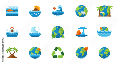 Colorful Earth Icons Representing Environmental Concepts and Nature.