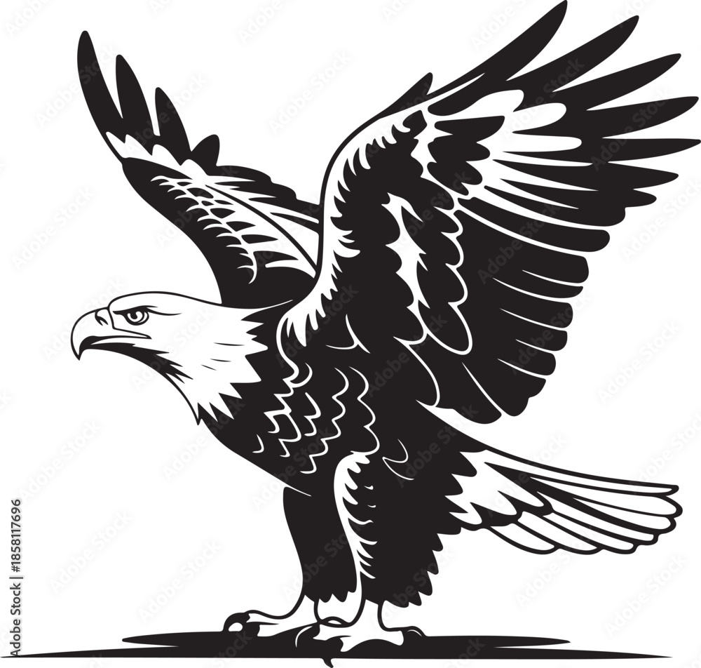 Obraz premium Eagle flying with wings spread wide silhouette bald eagle bird of prey hunting pose graphic element