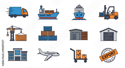 Colorful filled outline icon collection for global logistics shipping freight and export services.