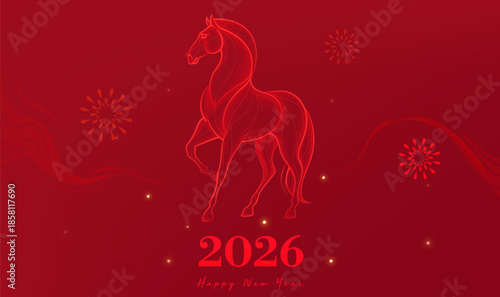 Red background New Year celebration banner linear Year of the Horse illustration