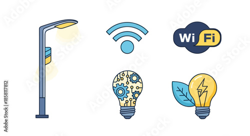 Smart City Technology Icons: Streetlight WiFi Signal and Light Bulbs.
