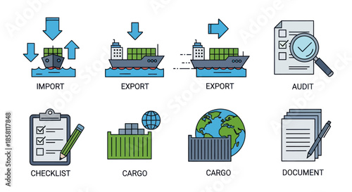 Colorful Line Art Icons for Global Logistics Shipping and Business Operations.
