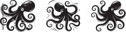 Set of three black octopus silhouettes swimming in water marine life bundle deep sea creatures icons