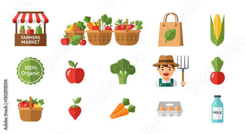 Farmers Market Produce: Fresh Vegetables and Fruits in Baskets and Stalls.