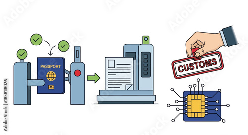 Illustrated Customs Process: Passport Scan Document Check and Stamp.