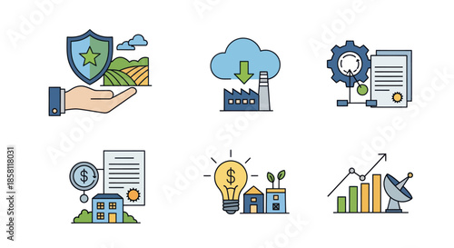 A collection of modern line art icons representing business technology finance and environmental concepts.