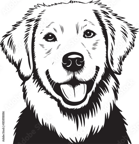 Happy golden retriever dog face close up smiling showing tongue out detailed engraving style portrait