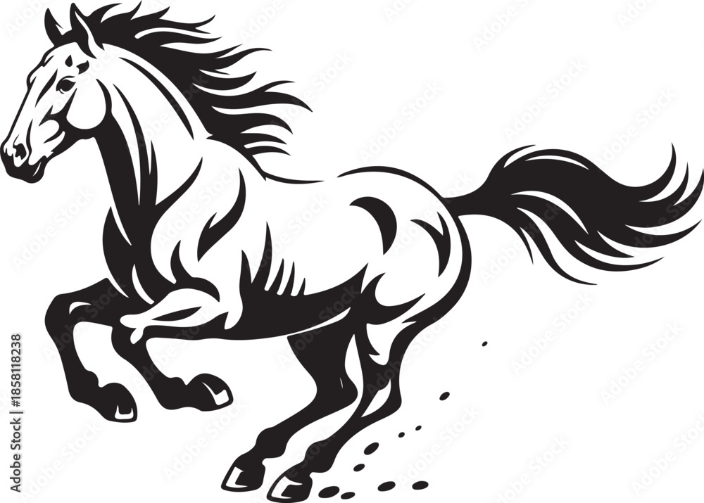 Fototapeta premium Galloping black horse silhouette with flowing mane and tail