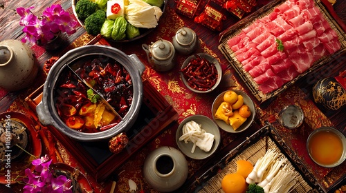 Chinese hot pot with sliced meat and vegetables for a traditional dining banner.