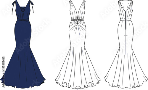 Fashion technical sketch of elegant mermaid evening gowns featuring plunging neckline and lace up back views for formal garment manufacturing templates