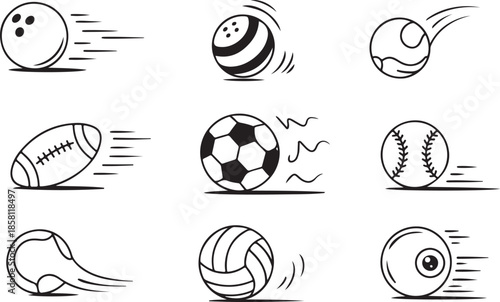 Set of nine illustrated moving balls for various sports including bowling soccer and baseball icons