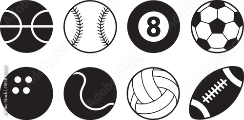 Collection of sports balls and billiard eight ball icons set