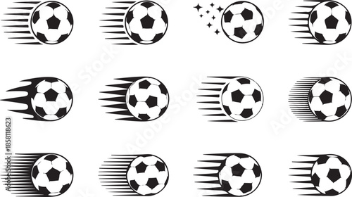 Soccer balls with motion trails and stars set