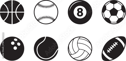 Collection of sports balls and billiard eight ball icons set