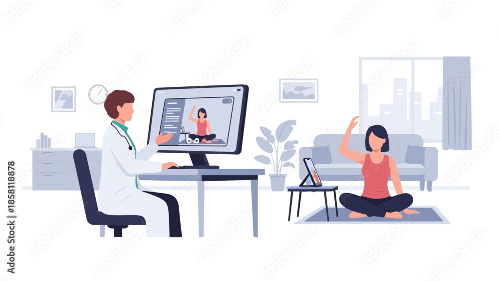 Fototapeta premium A doctor guides a woman through a yoga session via video call in a serene office environment