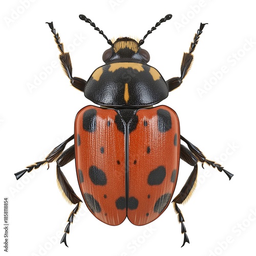 Vibrant Red and Black Spotted Beetle on White Background