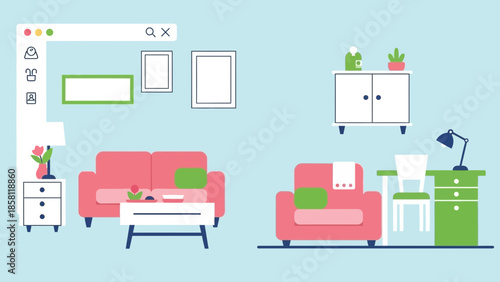 Vector illustration of a modern interior design scene featuring furniture and decor in a minimalist living room setting from a top-down viewpoint