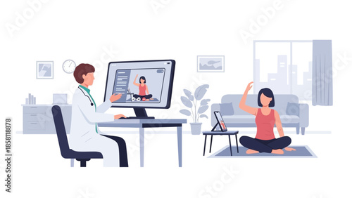 A doctor guides a woman through a yoga session via video call in a serene office environment