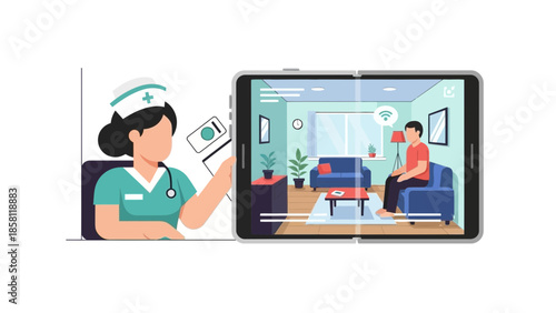 Healthcare professional conducting a remote consultation with a patient on a digital tablet in a living room