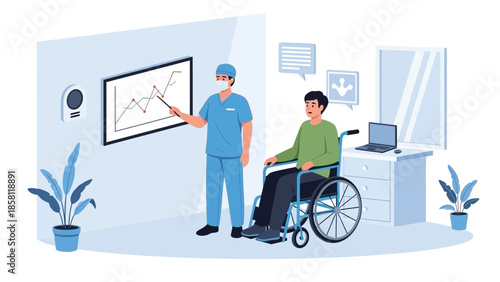 Healthcare professional explaining medical chart to patient in wheelchair in a clinical setting