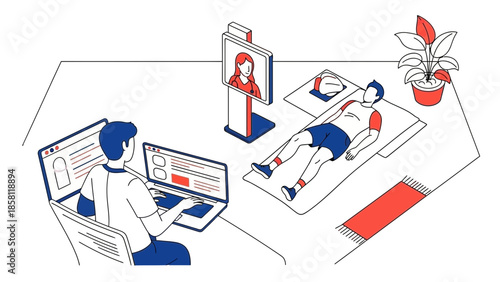 Illustration of a person working on a computer while another person is exercising on a mat in a room with a plant