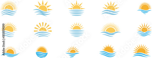 Set of sun and wave icons for summer season sunrise and sunset isolated