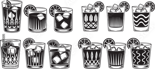 Collection of whiskey glasses with ice cubes and orange slices isolated graphic illustration