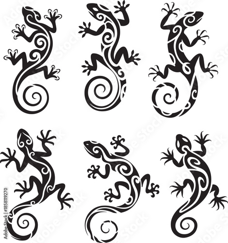 Set of tribal gecko lizard silhouettes with different spiral patterns reptile wildlife tattoo art