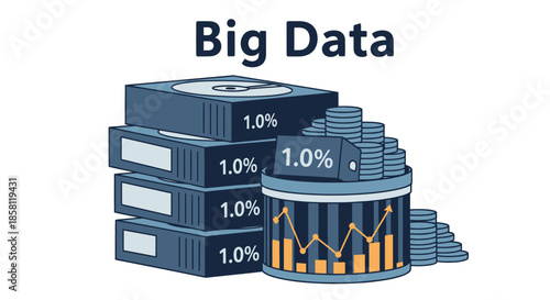 Big Data Concept: Stacked Hard Drives and Data Visualization Chart.