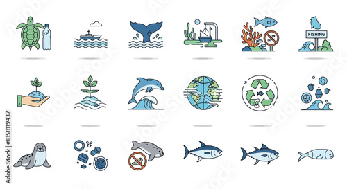 Collection of Colorful Marine Life and Environmental Icons.