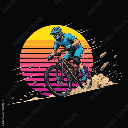 Dynamic mountain biker vector illustration with a retro 80s synthwave sunset. Extreme downhill cycling design featuring a rider kicking up dirt and rocks.
