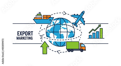 Colorful Export Marketing Concept with Globe and Transportation Icons.