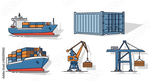 Vector Illustration of Cargo Ships Containers and Cranes.