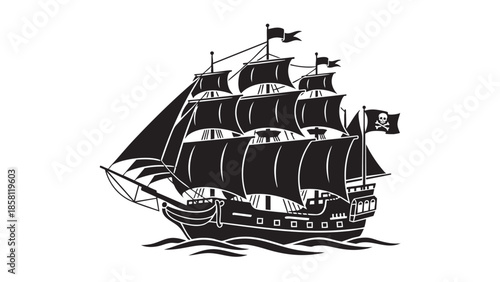 Classic pirate sailing ship with skull flag on the ocean waves