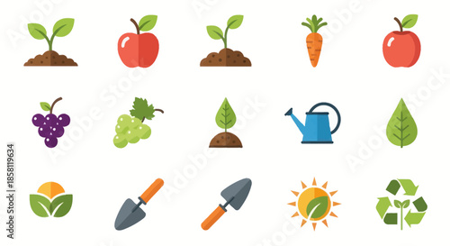 Collection of Flat Icons Representing Gardening and Healthy Food.