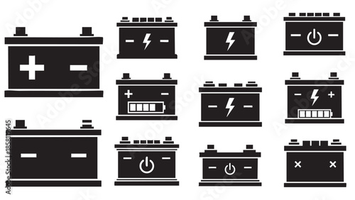 Collection of car battery icons with different charge statuses and symbols