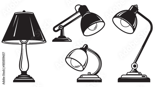 Collection of five vintage and modern desk lamps illustration