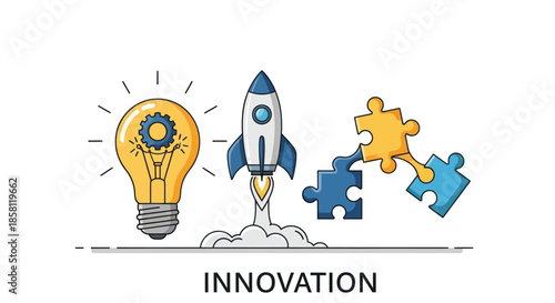 Bright Idea Lightbulb Rocket Launch and Puzzle Pieces Symbolizing Innovation.