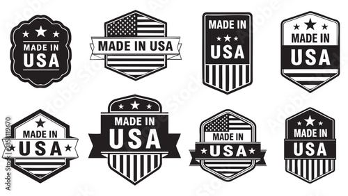 Collection of made in usa badges and labels isolated on transparent background