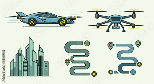Future Urban Mobility and Smart City Technology Icons Set.