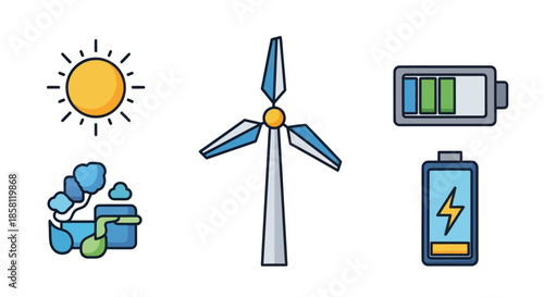 Renewable Energy Icons: Sun Wind Turbine Hydro Power and Batteries.
