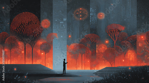 A cyber-security analyst navigating through a digital landscape of firewalls and glowing data streams. (3)
