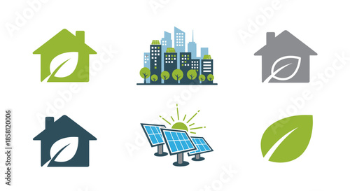 Eco-friendly and Sustainable Energy Icons with Green Houses City and Solar Panels.