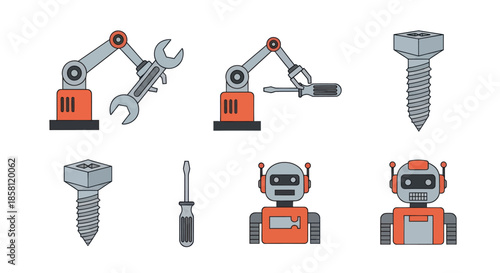 Industrial robot arms bolts and robot heads illustration.