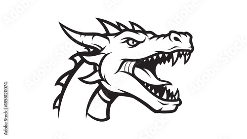 Illustration of a fierce dragon head with open mouth and sharp teeth