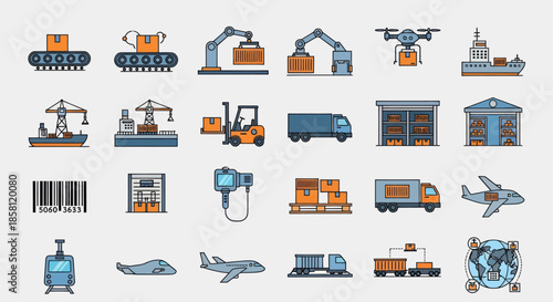 Colorful Vector Illustrations of Logistics and Transportation Icons.