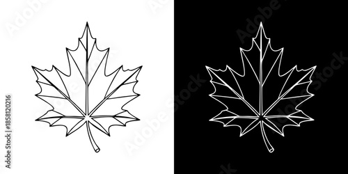 Minimalist vector outline of a maple leaf presented in two versions black line on white background and white line on black background, perfect for nature-themed graphic design or autumnal projects