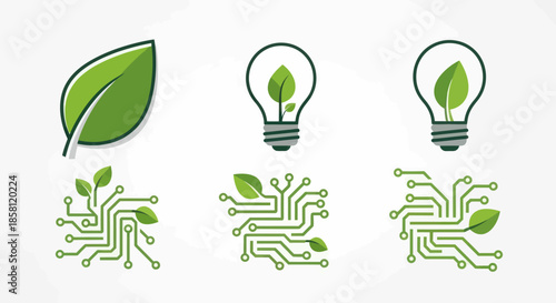 Green Energy and Technology Icons: Leaf Lightbulb and Circuit Board Designs.