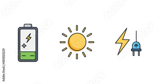 Battery Sun and Electrical Plug Icons Representing Energy Sources.