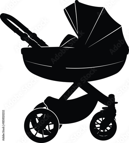 Isolated black silhouette vector illustration of a vintage baby carriage pram with old wheels and a stroller handle icon on a white background